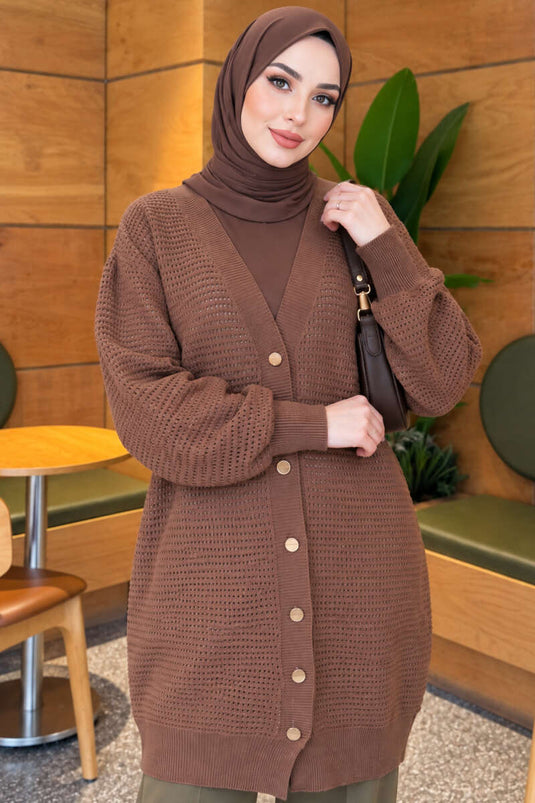 Ajur Patterned V-Neck Long Knit Cardigan Latte