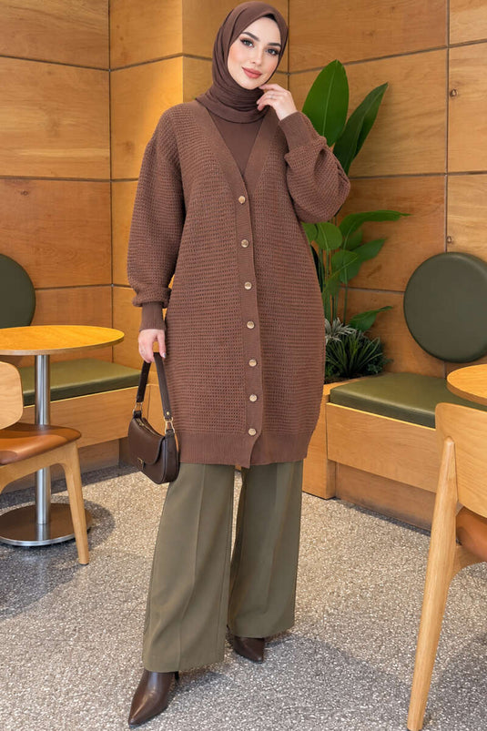 Ajur Patterned V-Neck Long Knit Cardigan Latte