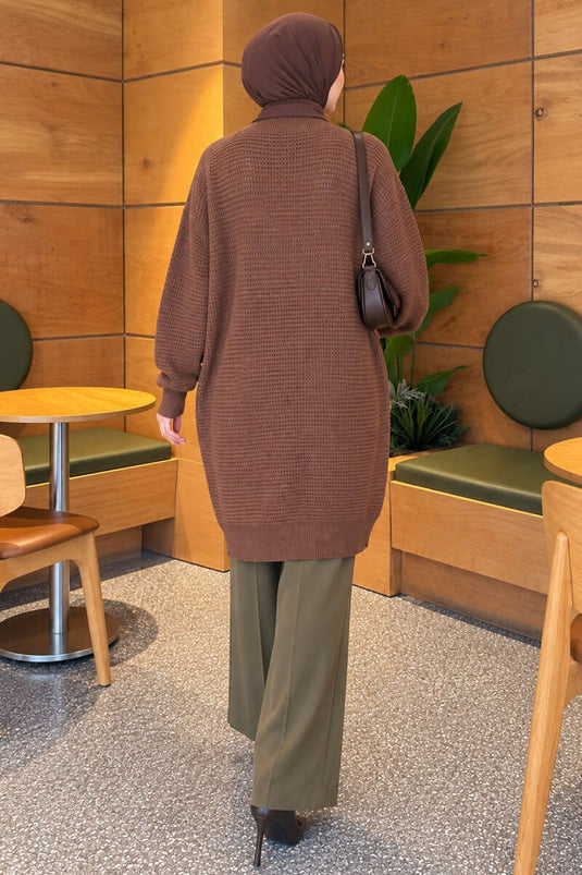 Ajur Patterned V-Neck Long Knit Cardigan Latte