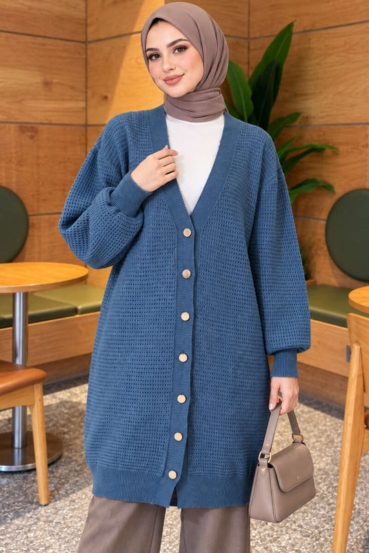 Blue Patterned V-Neck Long Knit Cardigan