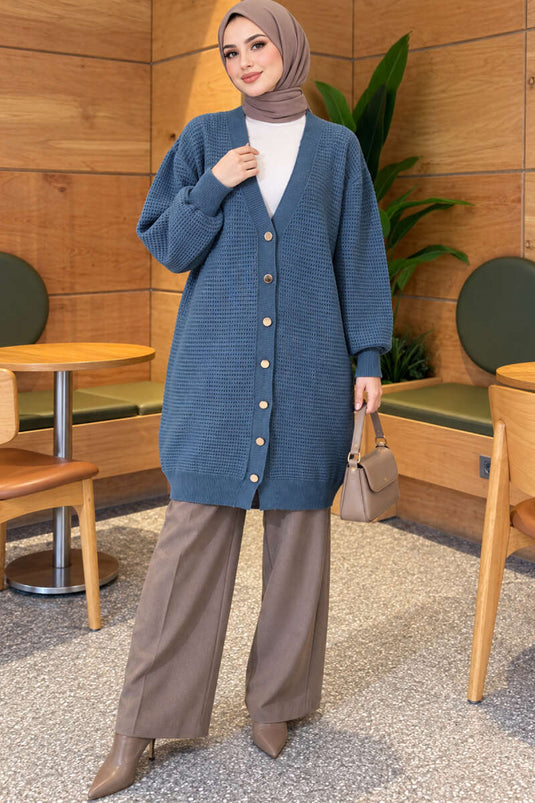 Blue Patterned V-Neck Long Knit Cardigan