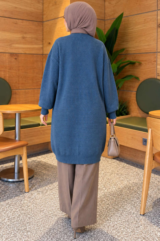 Blue Patterned V-Neck Long Knit Cardigan