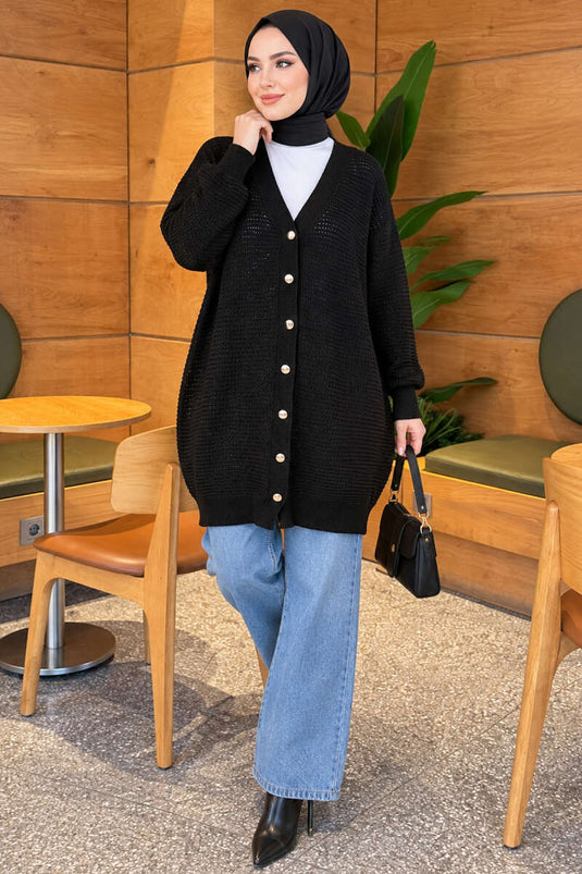 Ajur Patterned V-Neck Long Knit Cardigan Black