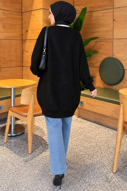 Ajur Patterned V-Neck Long Knit Cardigan Black