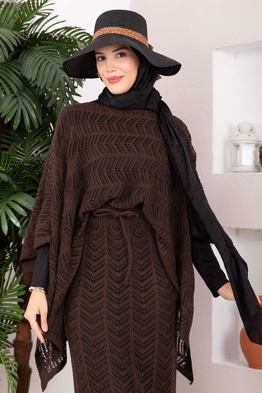 Completo Di Blusa E Gonna In Maglia Ricamata Color Caffè