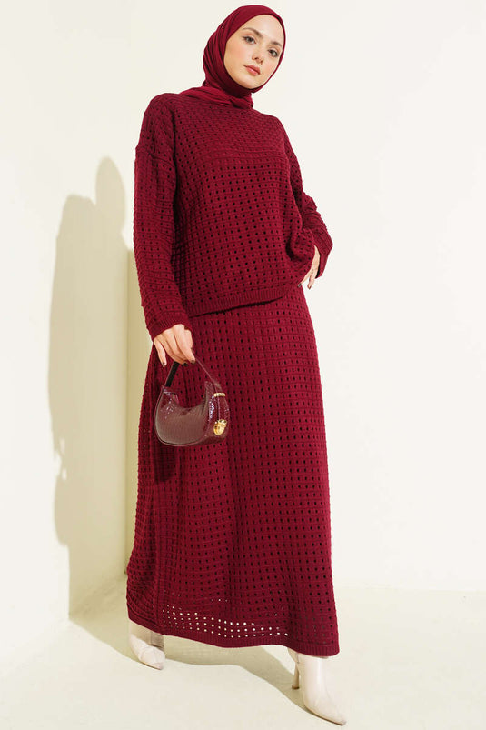 Ajurlu Etekli Triko İkili Takım Bordo