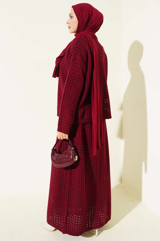 Ajurlu Etekli Triko İkili Takım Bordo