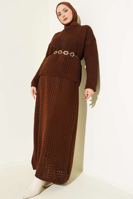 Ajurlu Etekli Triko İkili Takım Kahve