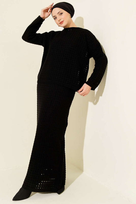 Ajurlu Etekli Triko İkili Takım Siyah