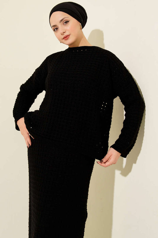 Ajurlu Etekli Triko İkili Takım Siyah