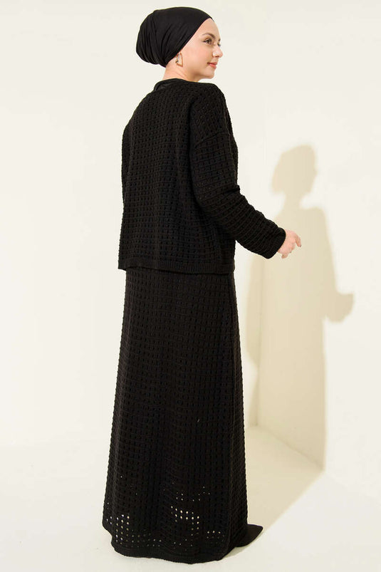 Ajurlu Etekli Triko İkili Takım Siyah