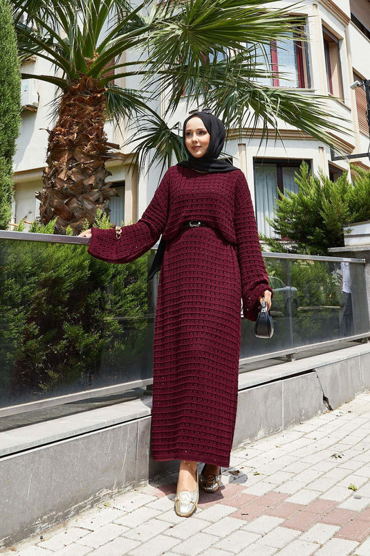 Openwork Mesh Detailed Knit Dress, Burgundy
