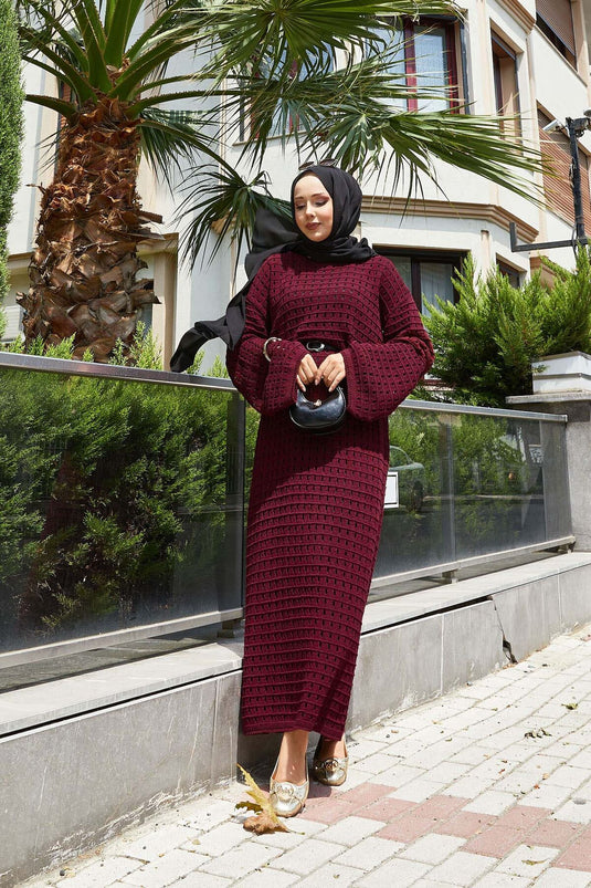 Openwork Mesh Detailed Knit Dress, Burgundy