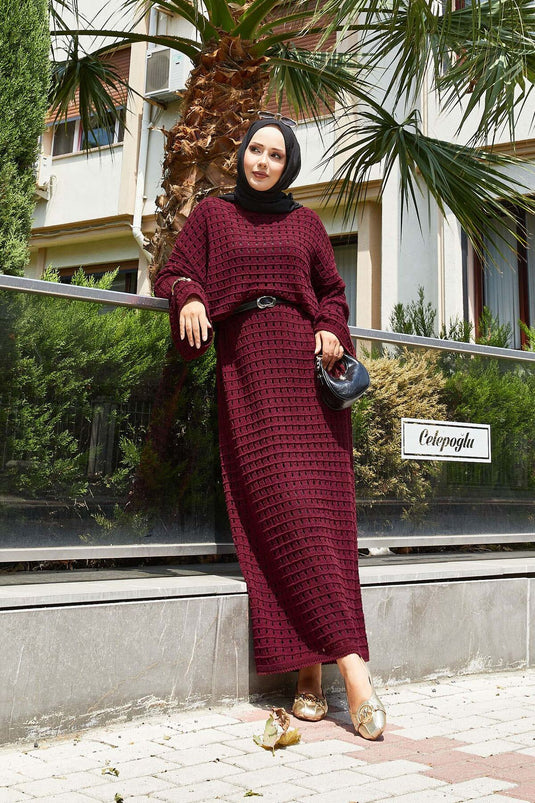 Openwork Mesh Detailed Knit Dress, Burgundy