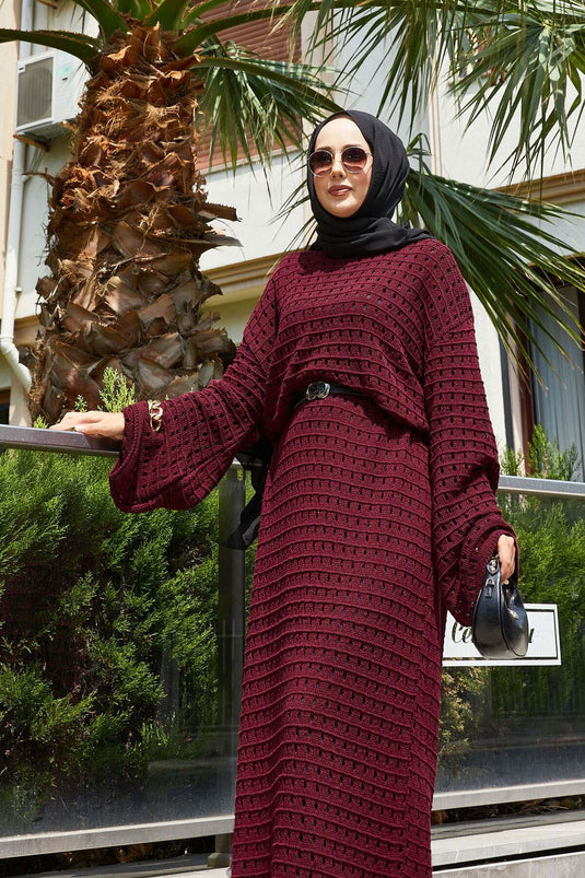 Openwork Mesh Detailed Knit Dress, Burgundy