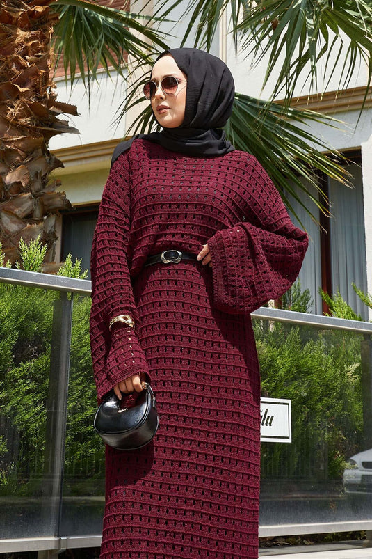 Openwork Mesh Detailed Knit Dress, Burgundy
