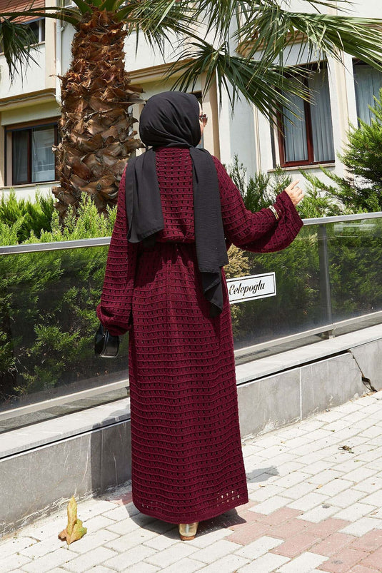 Openwork Mesh Detailed Knit Dress, Burgundy