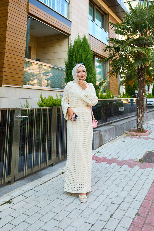 Openwork Mesh Detailed Knit Dress, Cream