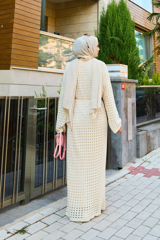 Ajurlu File Detaylı Triko Elbise Krem