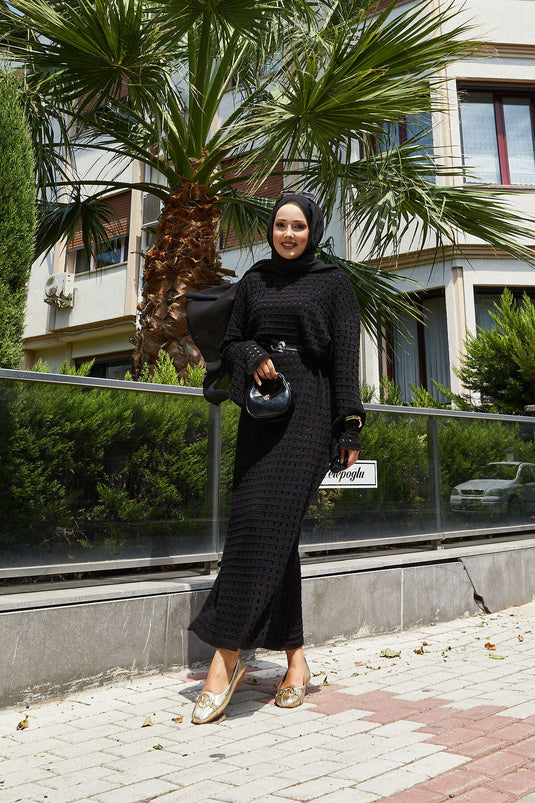 Openwork Mesh Detailed Knit Dress Black