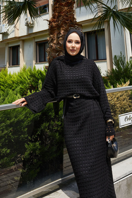 Openwork Mesh Detailed Knit Dress Black