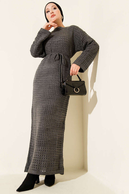 Openwork Knit Dress with Rope Belt, Smoke