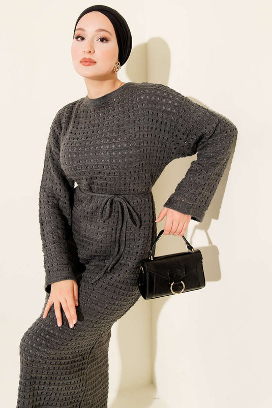 Openwork Knit Dress with Rope Belt, Smoke