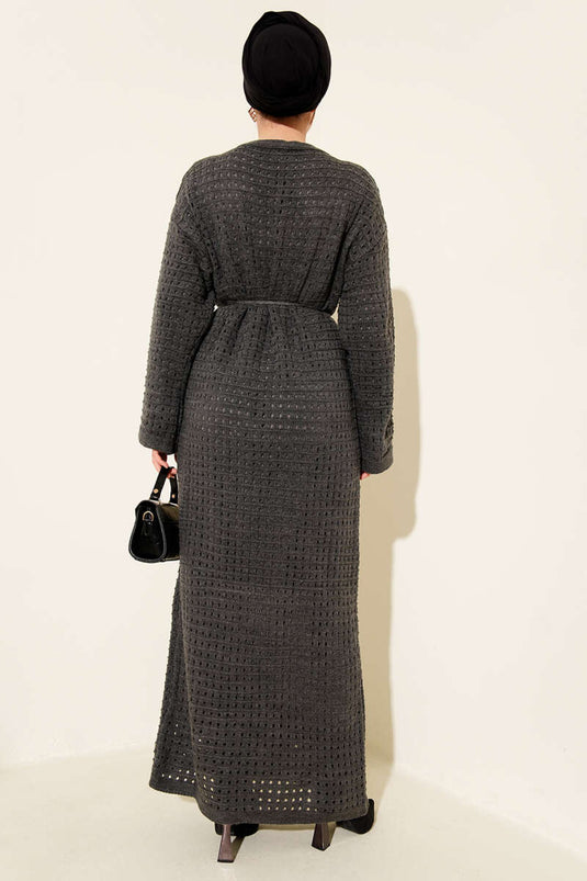 Openwork Knit Dress with Rope Belt, Smoke