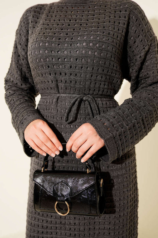 Openwork Knit Dress with Rope Belt, Smoke