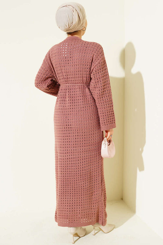 Robe en maille ajourée avec ceinture en corde, rose poudré