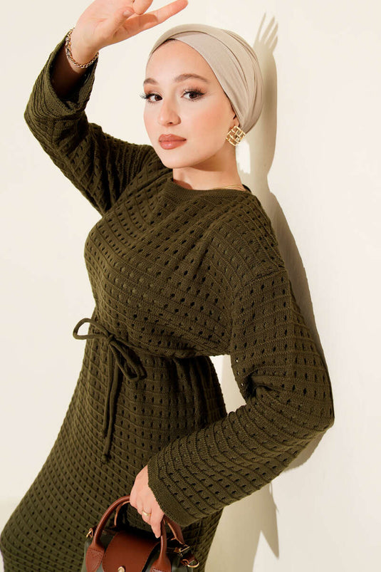 فستان محبوك مفتوح مع حزام حبل، كاكي