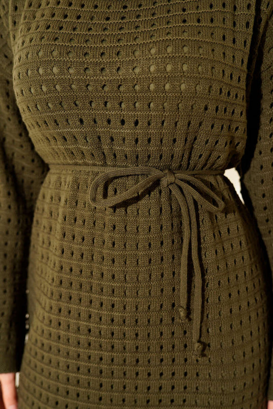 Ajurlu İp Kuşaklı Triko Elbise Haki