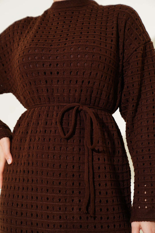 Ajurlu İp Kuşaklı Triko Elbise Kahve