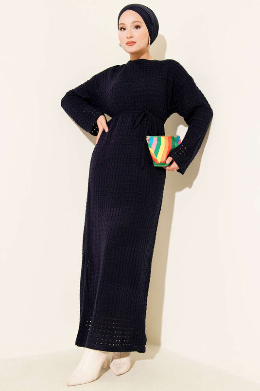 Ajurlu İp Kuşaklı Triko Elbise Lacivert