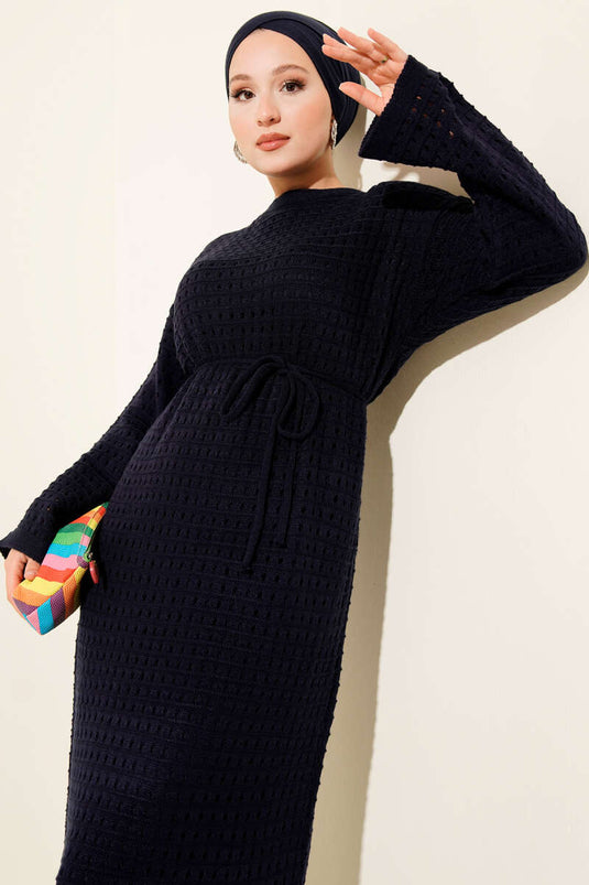 فستان محبوك مفتوح مع حزام حبل، أزرق داكن