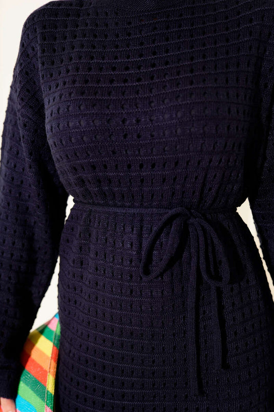 Ajurlu İp Kuşaklı Triko Elbise Lacivert