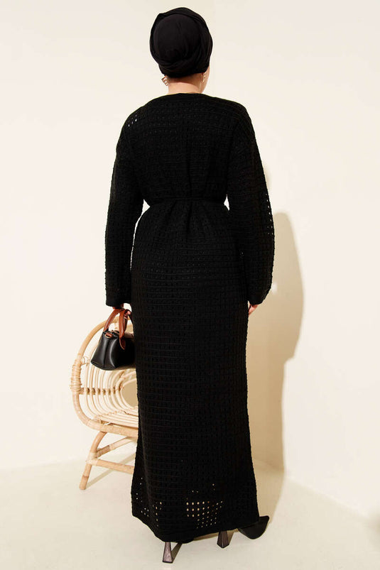 فستان محبوك مفتوح مع حزام حبل، أسود