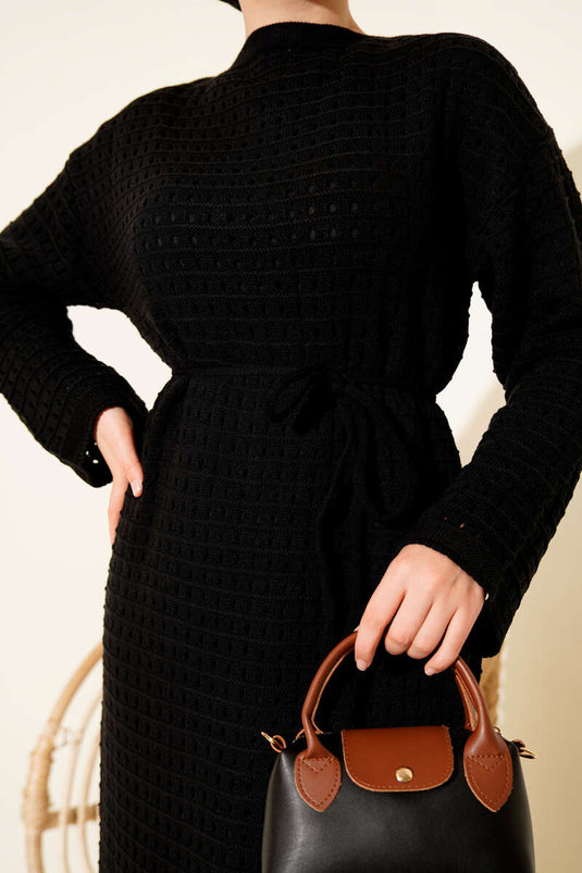 Ajurlu İp Kuşaklı Triko Elbise Siyah