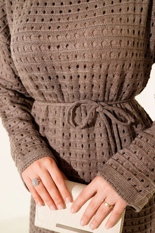 Openwork Thread Belted Knit Dress Mink