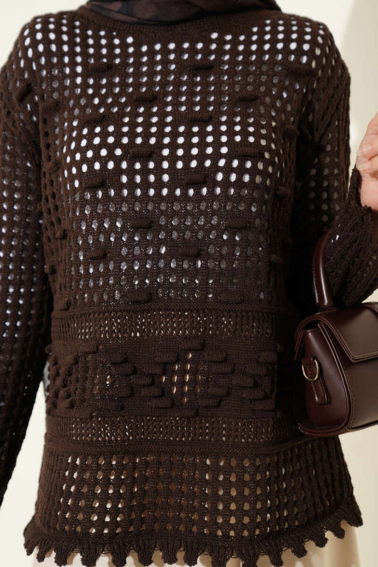 Openwork Embossed Pattern Sweater Brown