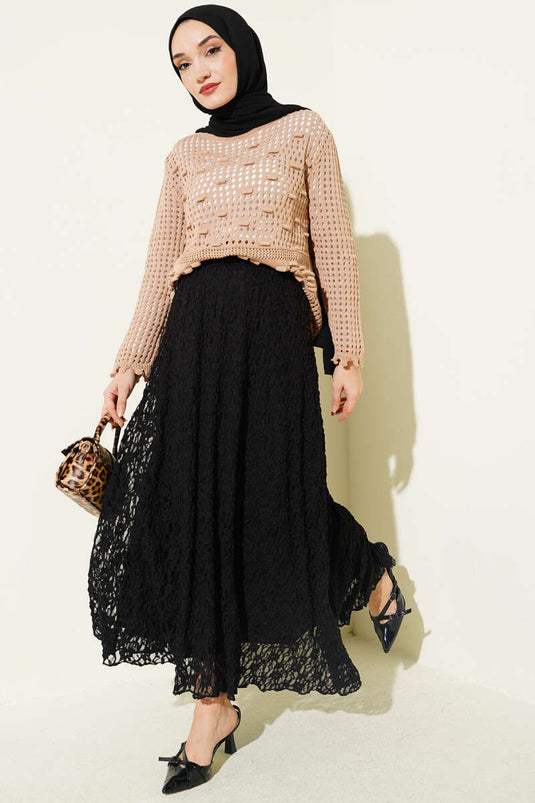 Latte Openwork Embossed Pattern Sweater