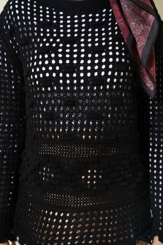 Pull à motif en relief ajouré noir