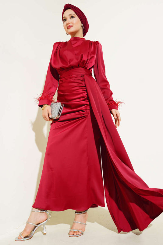 Piliseli Tüylü Manşet Elbise Bordo