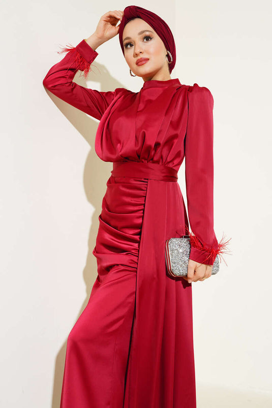 Piliseli Tüylü Manşet Elbise Bordo