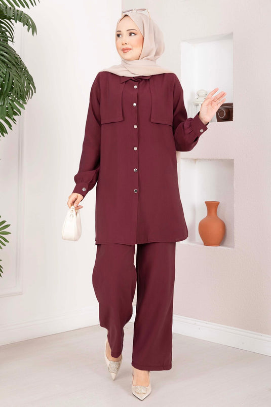 Aller Detaylı Düğmeli Tunik Pantolon Takım Bordo