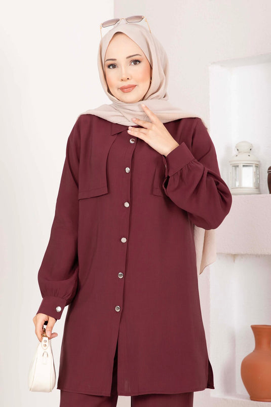 Aller Detaylı Düğmeli Tunik Pantolon Takım Bordo