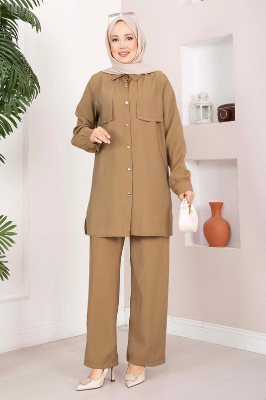 Aller Detaylı Düğmeli Tunik Pantolon Takım Camel
