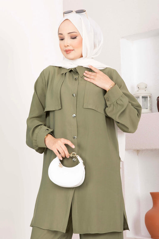 Aller Detaylı Düğmeli Tunik Pantolon Takım Haki