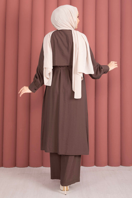 Aller Detailed Pants Two-Piece Set Brown
