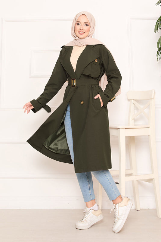 Trench-coat hijab amovible détaillé avec ceinture Aller Kaki